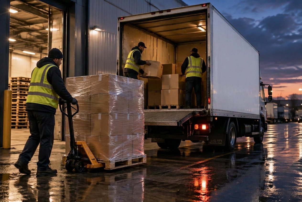 Equipe carregando caixas e paletes no caminhão da Comercial NP