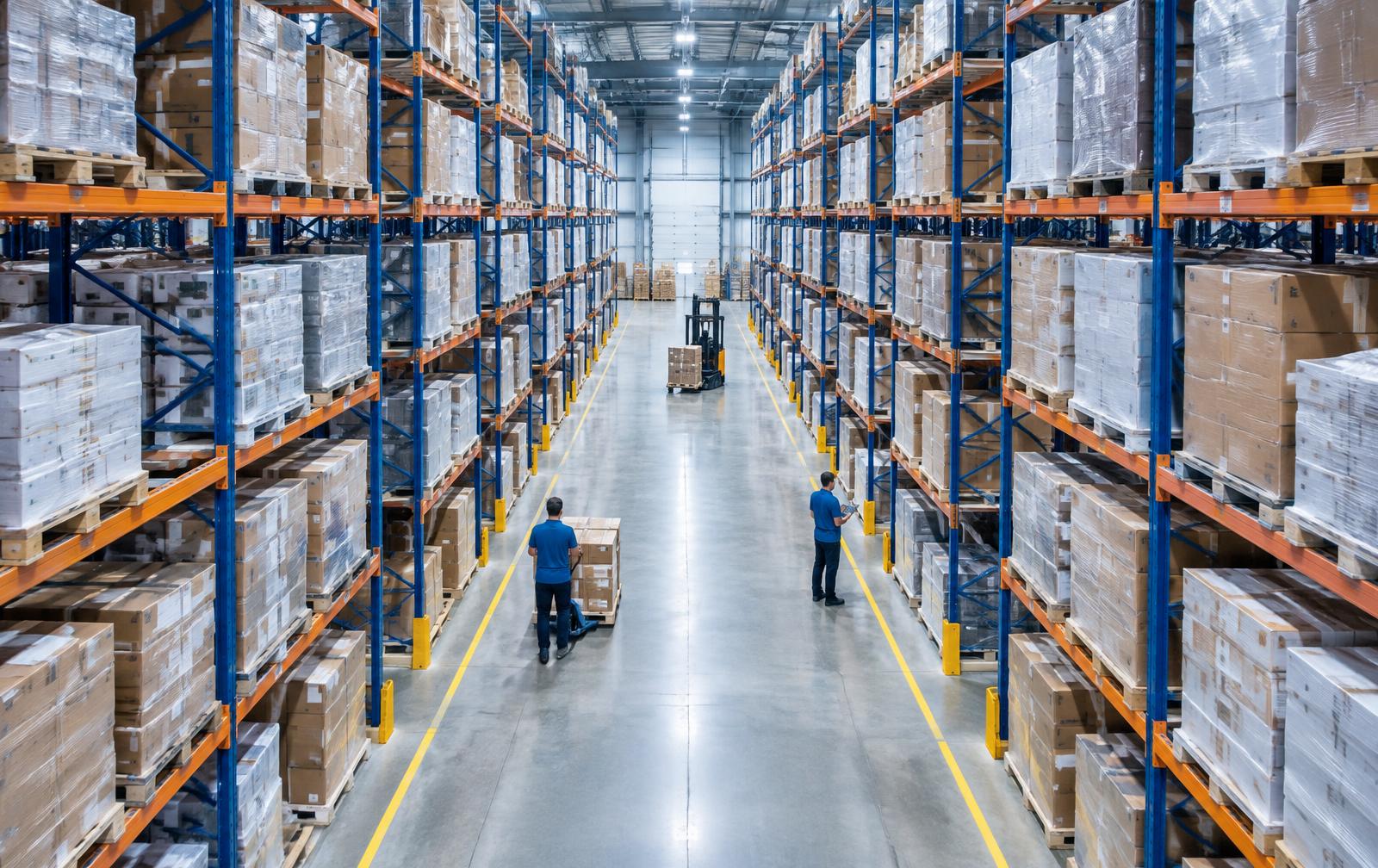 Central de distribuição com porta-paletes altos e produtos organizados