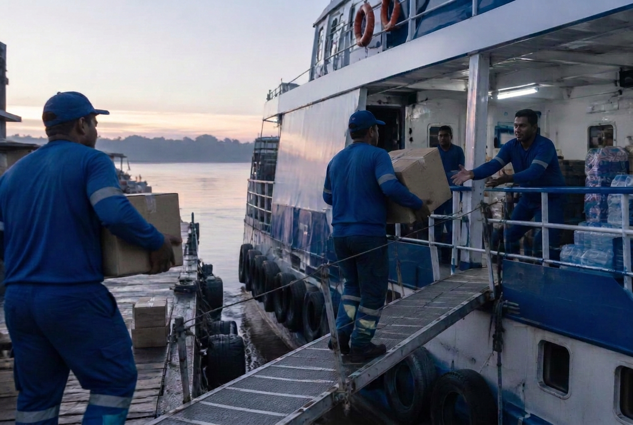 Colaboradores entregando caixas diretamente em uma embarcação