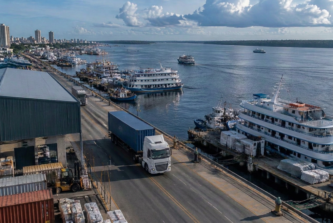 Caminhão chegando à região portuária de Manaus, com rio e embarcações