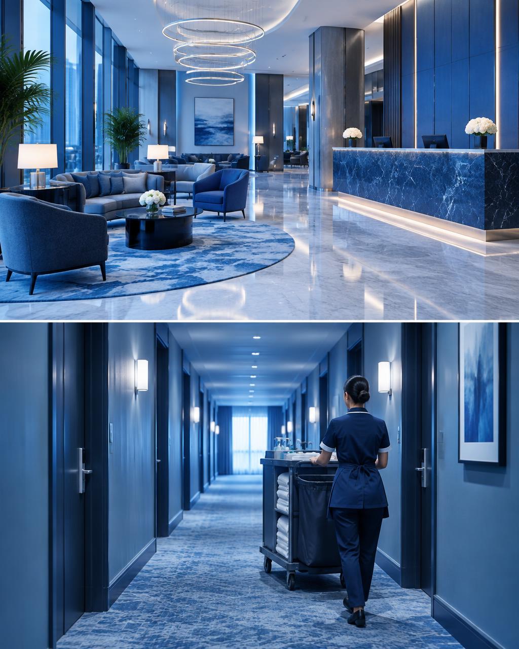 Lobby e corredor de hotel